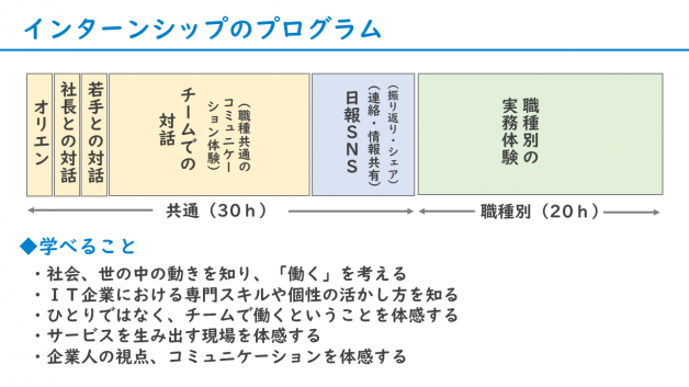 図1：インターンシッププログラムは共通30h、職種別20h。学べることは、「働く」ことの体感やスキルの活かし方やなど。