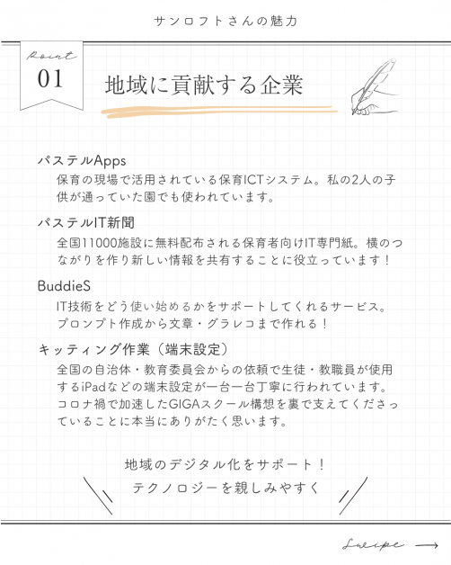 サンロフトさんの魅力：地域に貢献する企業（パステルApps、パステルIT新聞、BuddieS、キッティング作業）